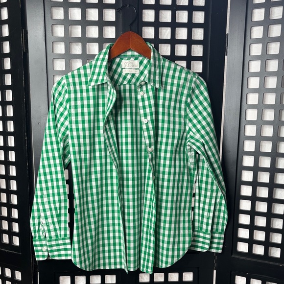 J. Crew Tops - 🟢 J.Crew Green White Gingham Button-Up Shirt SP Cotton Stretch Collared Work 🟢